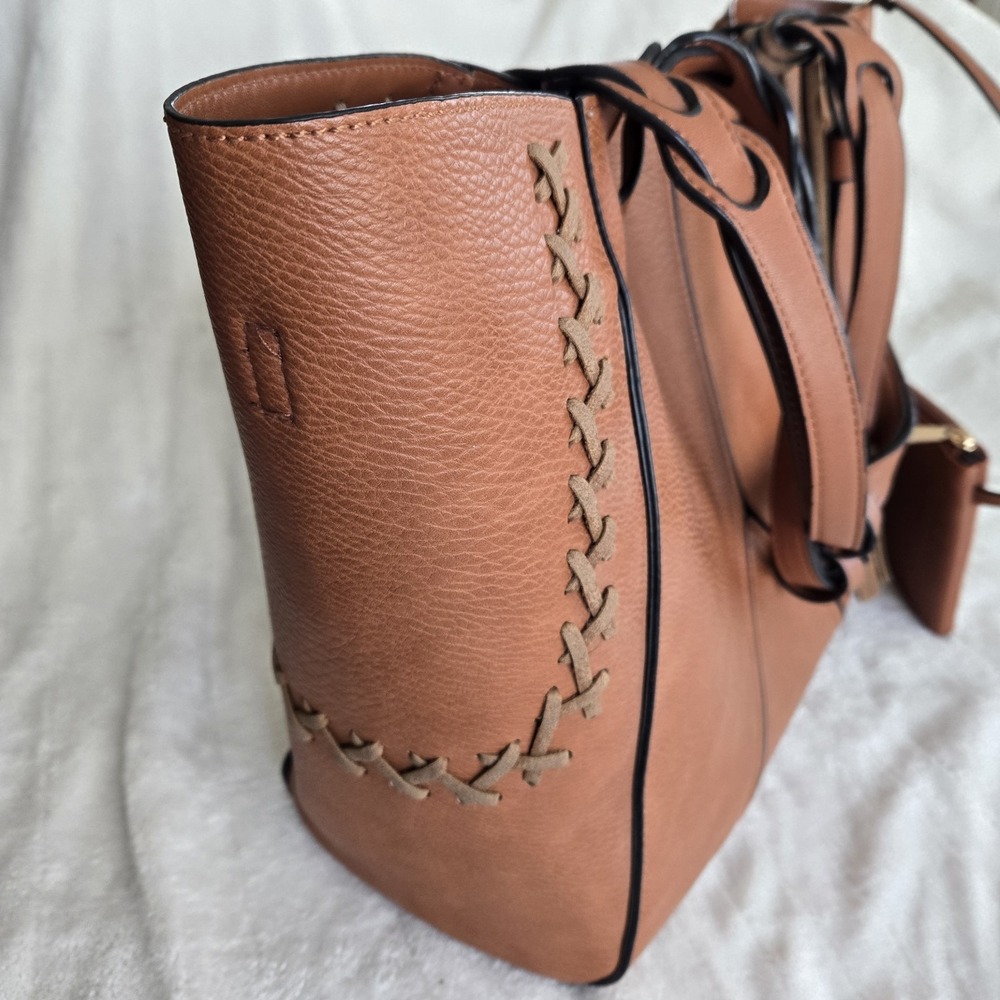 Boho Whipstitch Tassel Tote Camel‎ Pebbled Faux Leather Slouchy Western Chic Bag - Picture 4 of 16